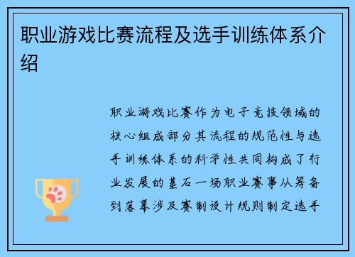 职业游戏比赛流程及选手训练体系介绍