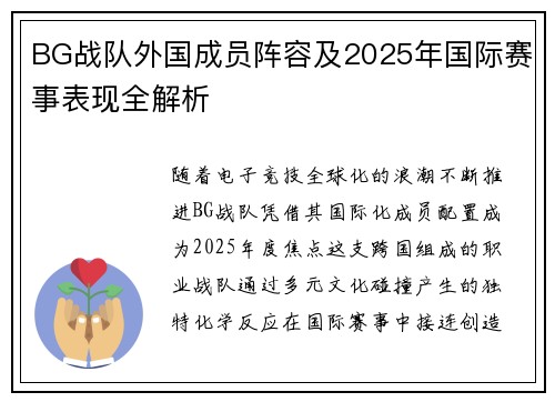 BG战队外国成员阵容及2025年国际赛事表现全解析